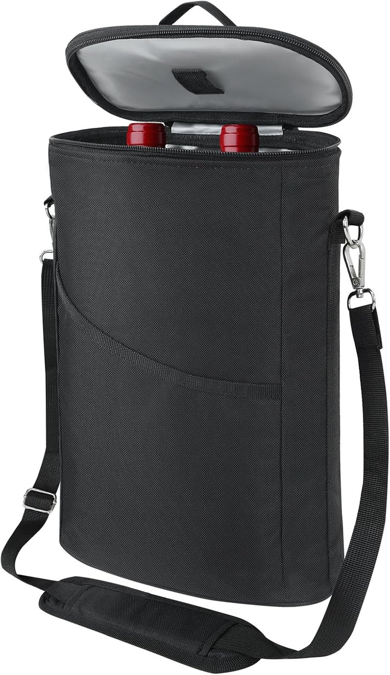 bruwaa 2 Bottle Wine Cooler Bag, Leakproof Insulated Padded Wine Gift Tote Carrier with Handle and Adjustable Shoulder Strap, for Travel, Wine Tasting, Party, Christmas Gift for Wine Lover - Black - Image 1